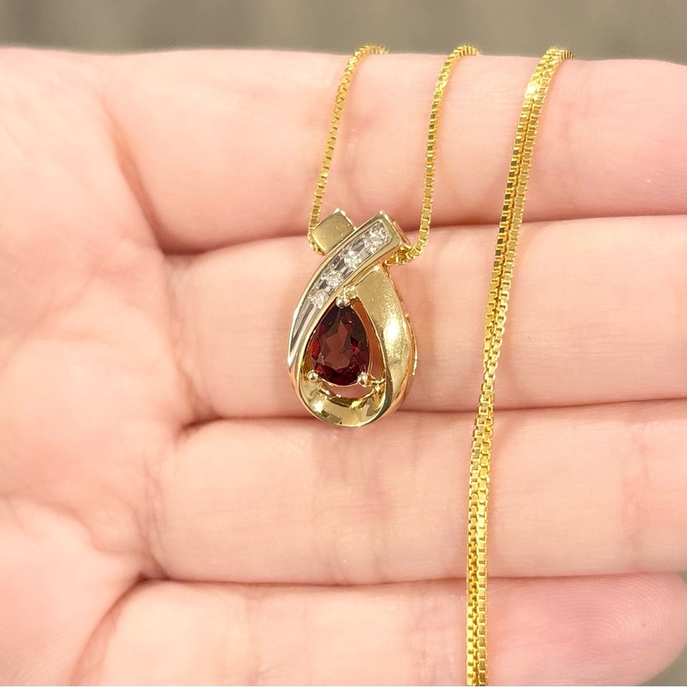 14K Garnet Diamond 0.75 Carat regal red teardrop white yellow gold pendant - Picture 8 of 12